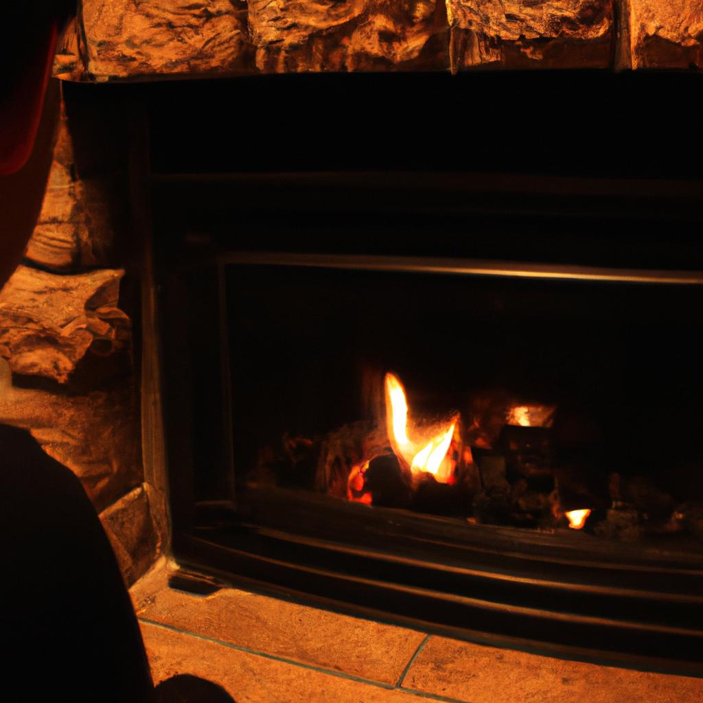 Person sitting by a fireplace