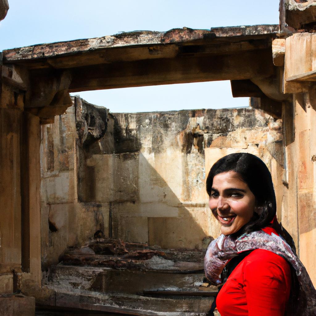 Person exploring historical site, smiling
